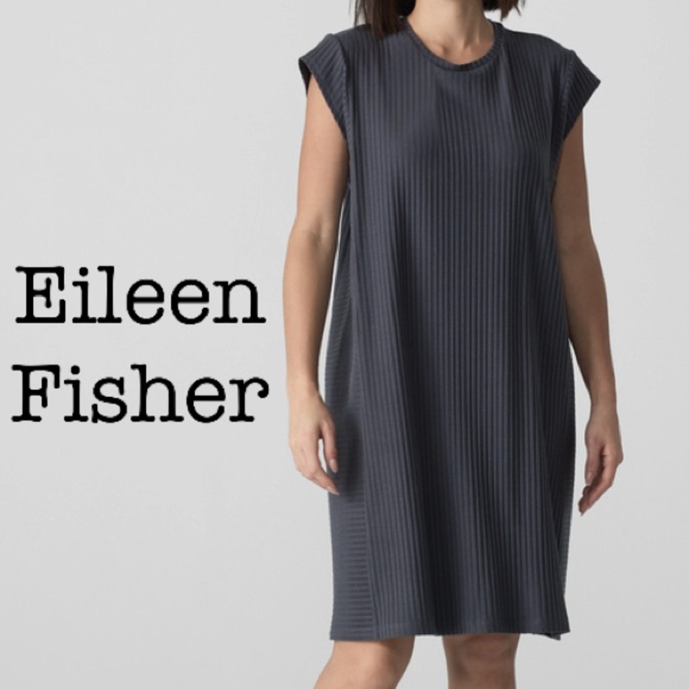 Eileen Fisher Black Textured Stretch Rib Round Neck Dress Size XS